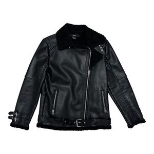 Black Faux Leather Aviator Motorcycle Jacket